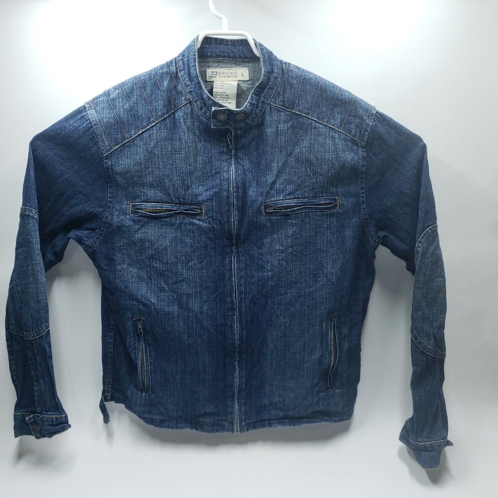 Vintage Bongo Men Denim Jacket Size Large Dark Wash Full Zip Pockets Zip Cotton